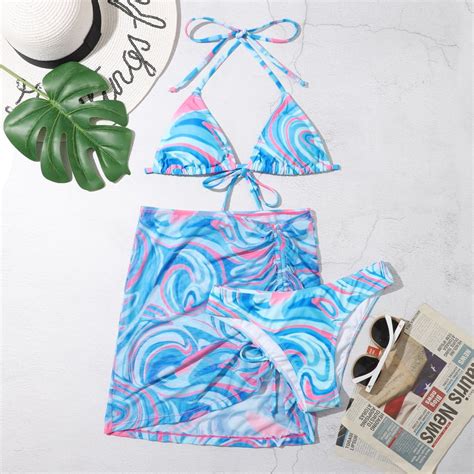 Pieces Bikini Set With Skirt Tie Dye String Thong Bathing Suit Women Swimsuit Female Swimwear