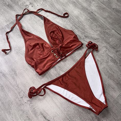 Gorgeous Brown Lace Up Bikini Set Perfect Depop