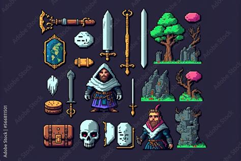 Illustration of indie game assets - 8 bit /16 bit pixel art lookalike ...