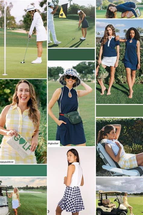 Many Different Pictures Of Women In Dresses And Golf Gear Including A