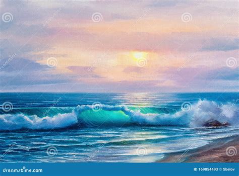 Sunset Over Sea, Painting by Oil on Canvas Stock Illustration ...