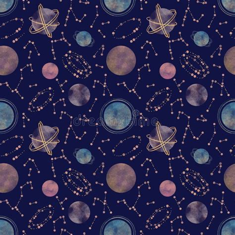 Magic Cosmos Starry Sky Watercolor Hand Drawn Space Seamless Pattern