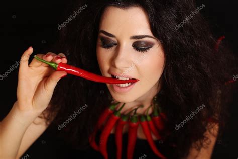 Sexy Naked Brunette Girl With Red Cayennes Peppers Stock Photo Chupacabra