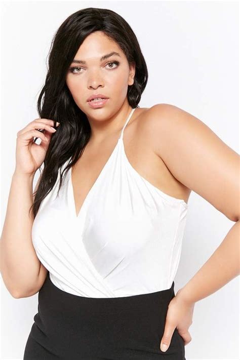 Forever 21 Plus Size Surplice Cami Bodysuit Emily Ratajkowski White