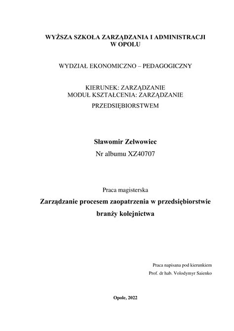 PDF Zarządzanie procesem zaopatrzenia w przedsiębiorstwie branży