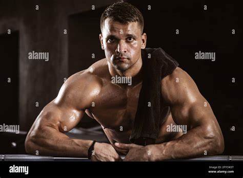 Fitness In Gym Sport And Healthy Lifestyle Concept Handsome Athletic Man With Naked Torso On