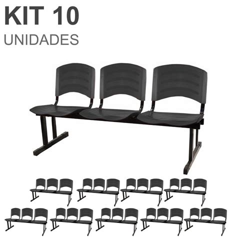 Kit 10 Cadeiras Longarinas PLÁSTICA 03 Lugares Cor PRETO REALPLAST