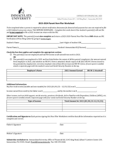Fillable Online 20232024 Verification Of Non Filing Worksheet Fax Email Print Pdffiller