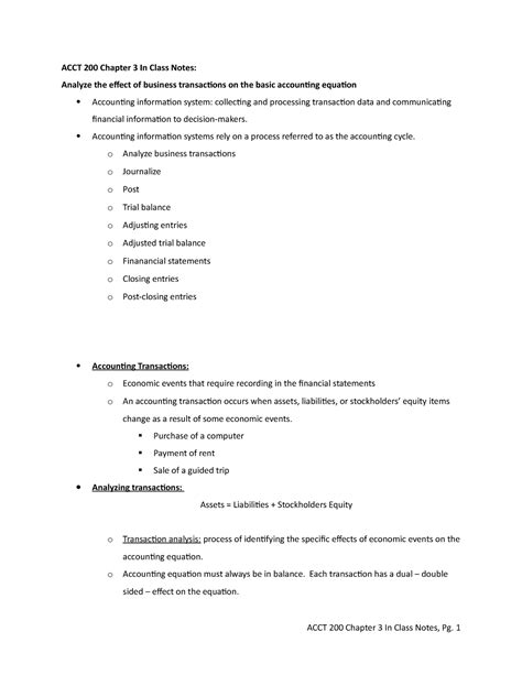 Acct Class Notes Chapter Student Acct Chapter In Class