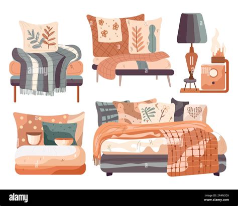 Set Of Cozy Bedroom Furniture With Pillows Plaid Lamp Table Cartoon Style Stock Vector Image