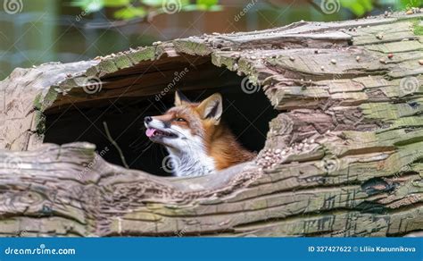 red fox rests   hollow log   day   eyes