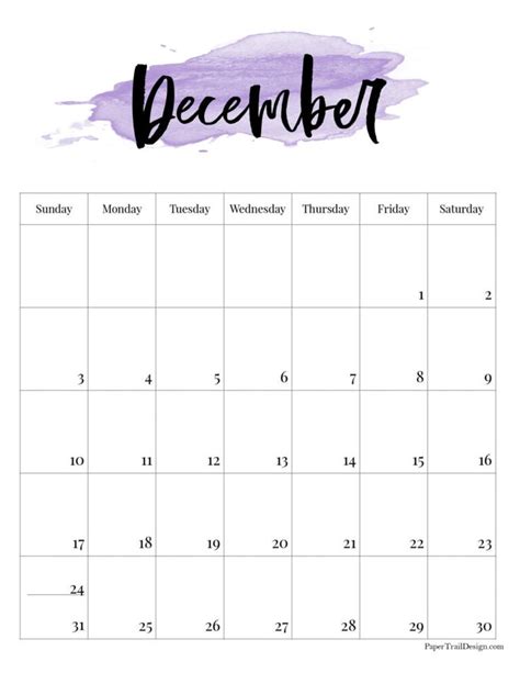 December Calendar With The Word December Written In Black And Purple