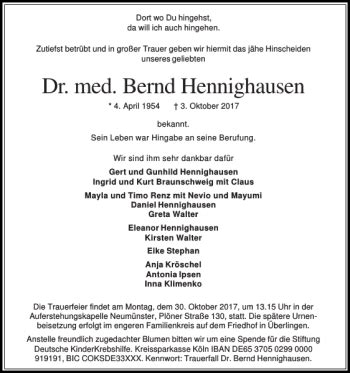 Traueranzeigen Von Dr Med Bernd Hennighausen Sh Z Trauer