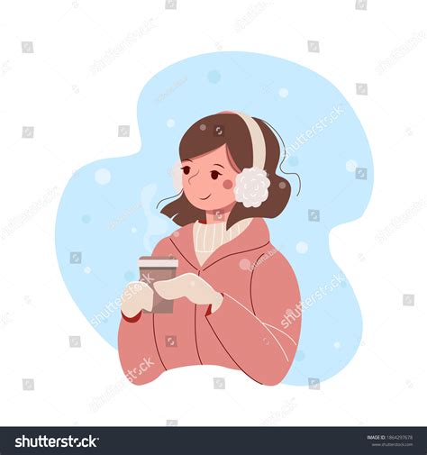 Cute Cartoon Girl Drinking Coffee Outdoor 库存矢量图（免版税）1864297678