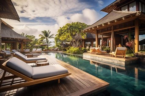 Premium AI Image Pool In Hotel Wooden Terrace With Sofas And Sun