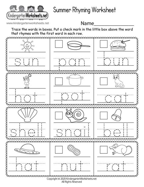 Kindergarten Summer Rhyming Worksheet | Kindergarten summer worksheets ...