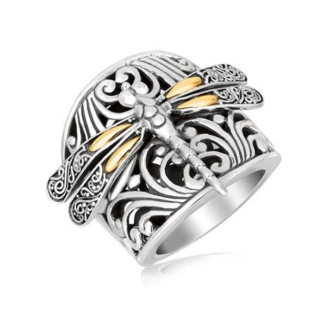 Baroque Dragonfly Motif Ring In 18k Yellow Gold And Sterling Silver