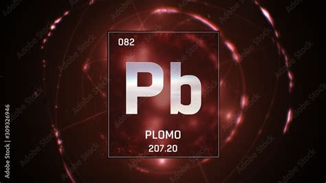 3D illustration of Lead as Element 82 of the Periodic Table. Red ...