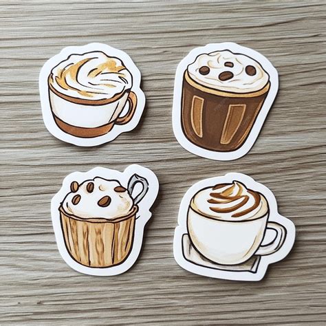 A sticker of coffee and a cup of coffee with a picture of a cup of