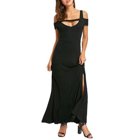 Sexy Party Dress 2018 New Fashion Women Cold Shoulder V Neck Short Sleeve Black High Slit Long