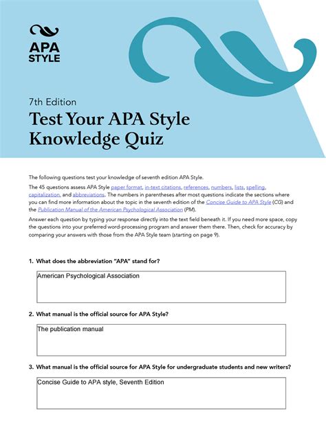 APA Manual Test Answers 7th Edition Test Your APA Style Knowledge