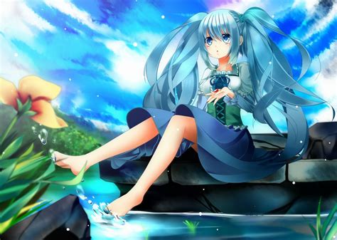 Barefoot Blue Eyes Blue Hair Dress Flowers Hatsune Miku Long Hair Oumi Hi Twintails Vocaloid