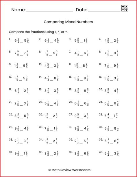 Comparing Mixed Numbers Math Review Worksheets Worksheets Library