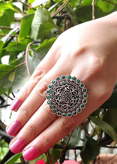 Get Green Stone Studded Oxidized Ring At Lbb Shop