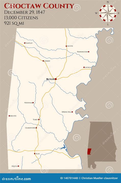 Map of Choctaw County in Alabama Stock Vector - Illustration of ...