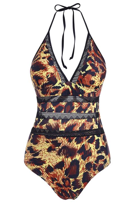 Leopard Backless Crochet Panel One Piece Halter Swimsuit Iyasson