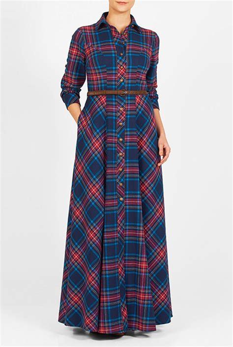 Cotton Plaid Belted Maxi Shirtdress Fashion Clothes Women Shirt