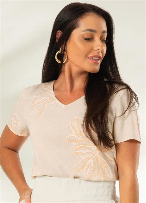 Blusa Estampa Rotativa E Decote V Bege Cativa