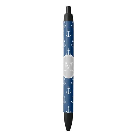 Navy Blue White Anchors Pattern Gray Monogram Black Ink Pen Zazzle