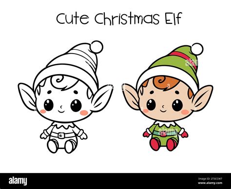 Cute Christmas Elf Santas Helper Line Drawing Vector Illustration