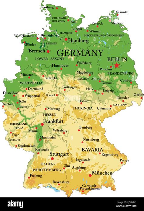 Mapa físico muy detallado de Alemania en formato vectorial con todas