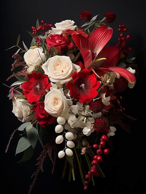 Un Ramo De Flores Con Fondo Negro Con Una Flor Roja Y Blanca Foto