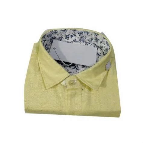 Casual Wear Collar Neck Mens Plain Yellow Cotton Shirt Machine Wash