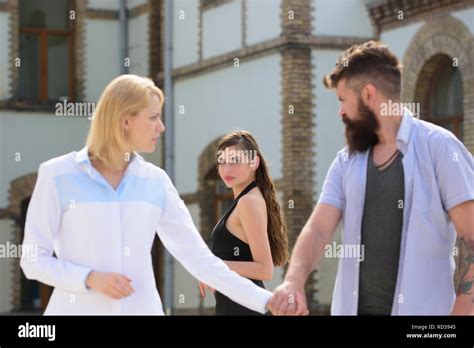 Being Odd Woman Out Love Triangle And Threesome Bearded Man Looking At Other Girl Hipster