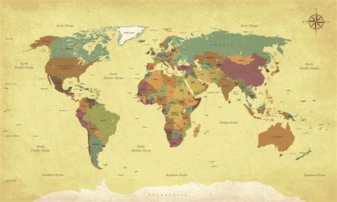 Vintage World Map Wallpaper Mural - Antique Map Decor