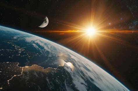 Premium Photo | Planet earth with sunrise and moon in space