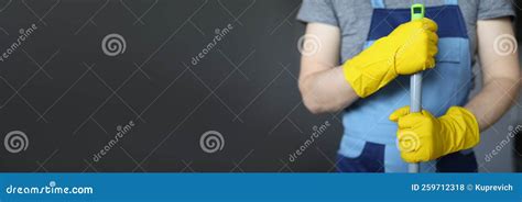 Man Holding Handle Of Mop Guy Doing Domestic Work Cleaning At Home