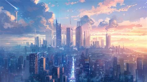 Beautiful Anime-style Illustration of a City Skyline, Digital Art Stock ...