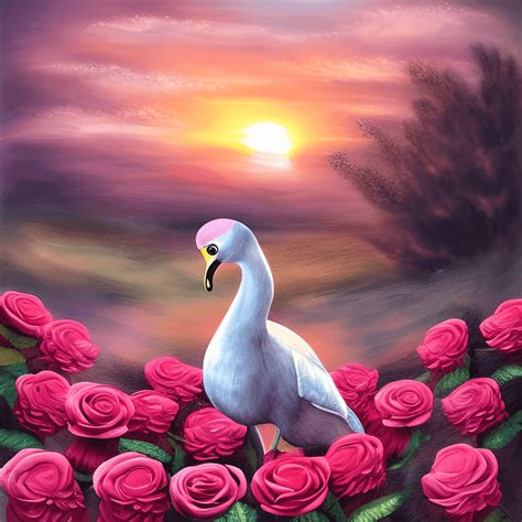 Oil 3d Dodo On The Hill Detailed Roses Sunset Behind · Creative Fabrica