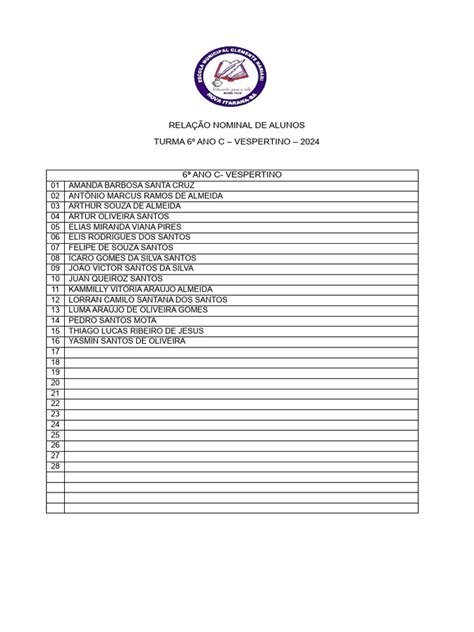 Relação Nominal De Alunos Turma 6º Ano C Vespertino 2024 Pdf