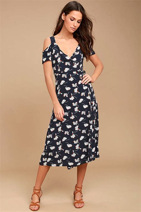 Lovely Navy Blue Print Dress Midi Dress Wrap Dress 8100 Lulus