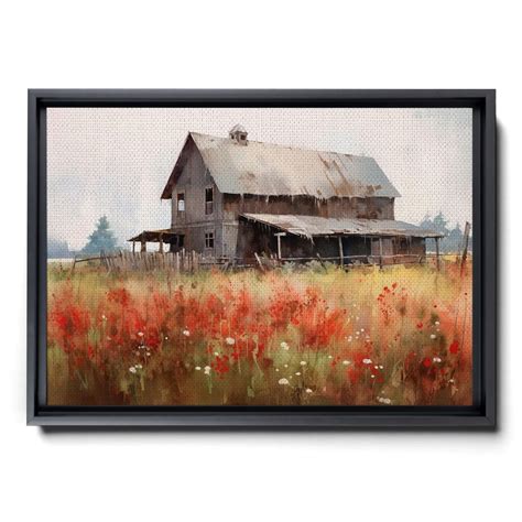 Farmhouse Red Barn Wall Art Rustic Print With Flowers