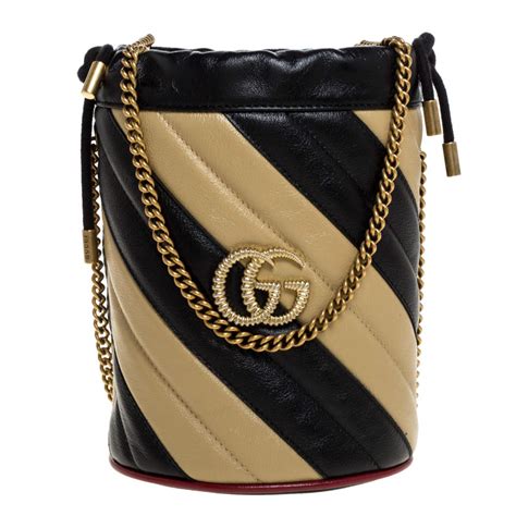 Gucci Black Beige Diagonal Leather Mini Gg Marmont Torchon Bucket Bag