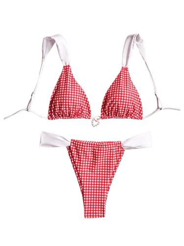 BEAUDRM Women S Piece Y K Gingham Bikini Halter Tie Bikini Set