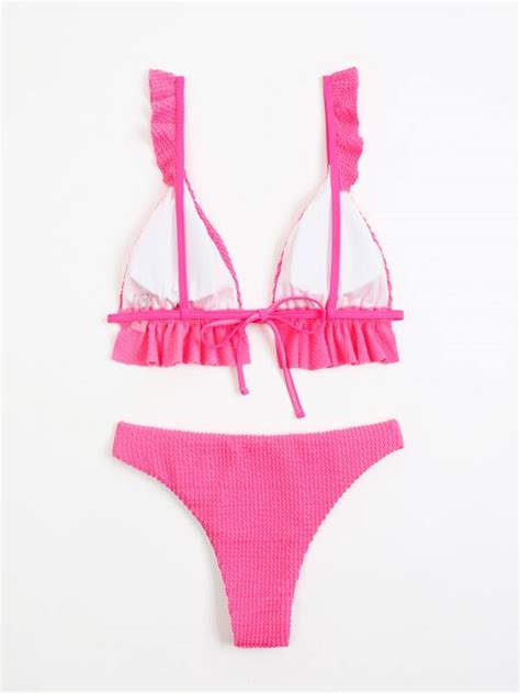 Textured Bikini Set Ruffle Trim Triangle Bra And High Cut Bottom 2 Piece