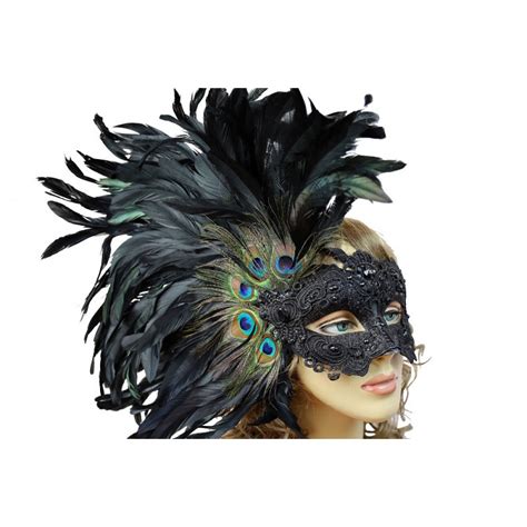 Black Masquerade Mask with Lace and Large Feathers - Screamers Costumes